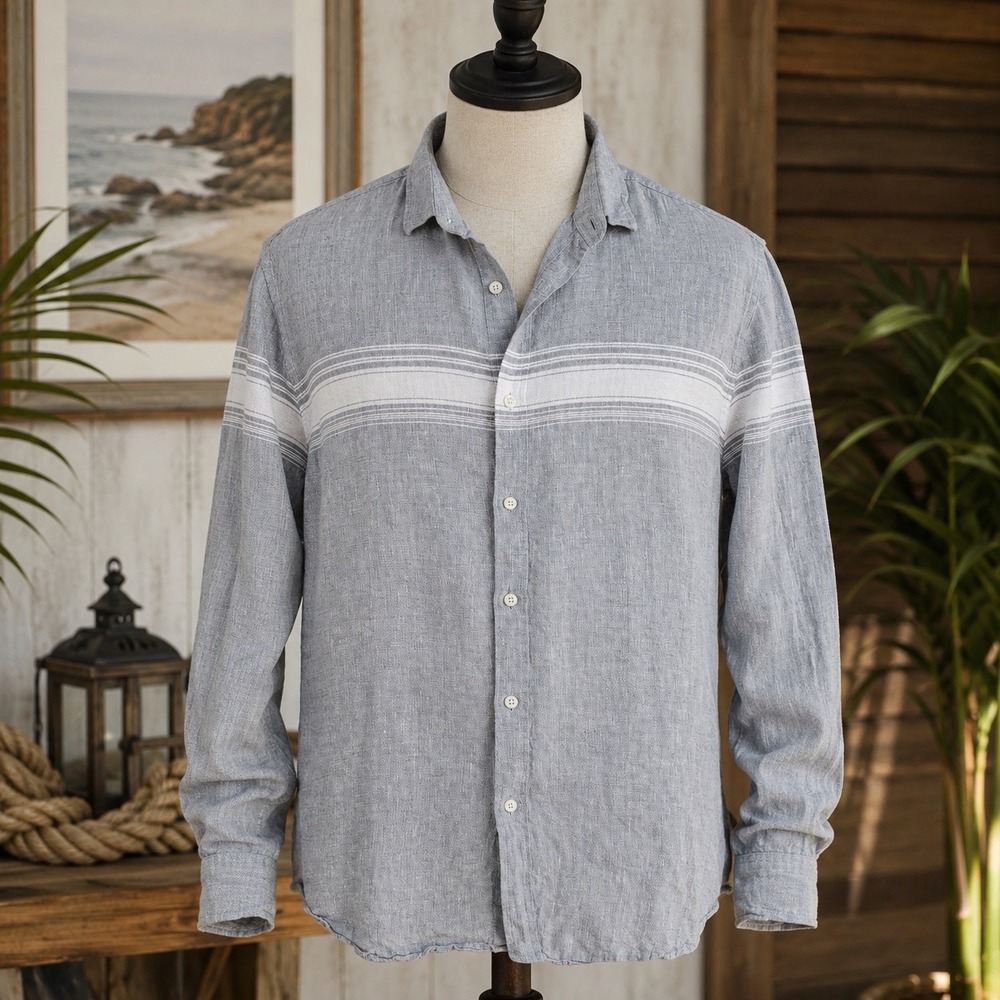 Murano Baird McNutt Linen Shirt Mens XL Grey White Stripe Long Sleeve Button Up